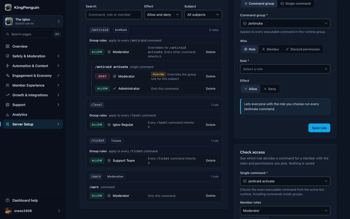 Command permission rules of The Igloo with allow and deny rules per role and an access check.