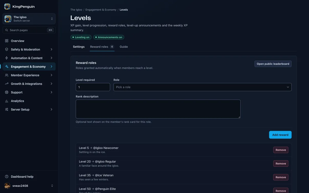 Levels page of The Igloo with reward roles for levels 5, 20, 35 and 50 and a short description for each.