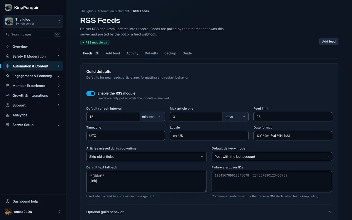 RSS feed defaults of The Igloo with refresh interval, article age and delivery mode.