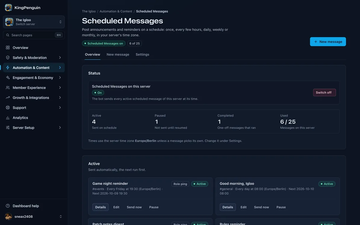 Scheduled messages of The Igloo with weekly, daily and monthly posts and when each runs next.