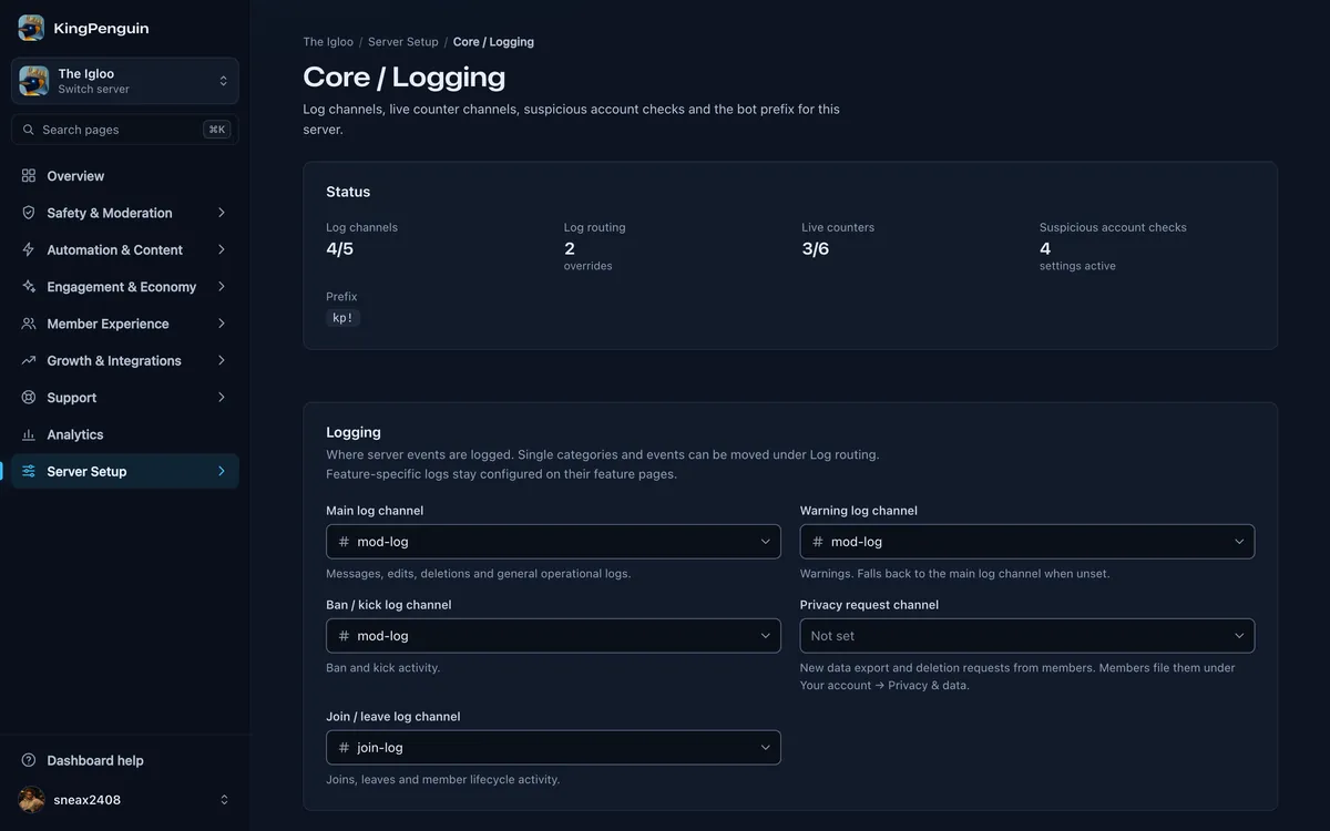 Server setup of The Igloo with log channel status, live counters and the bot prefix.