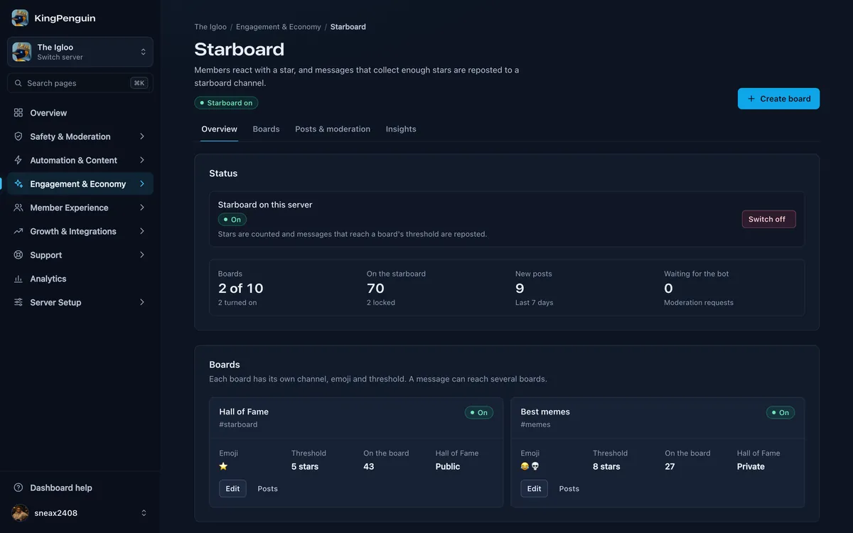 Starboard overview of The Igloo with two boards, their emojis and thresholds, and recent posts.